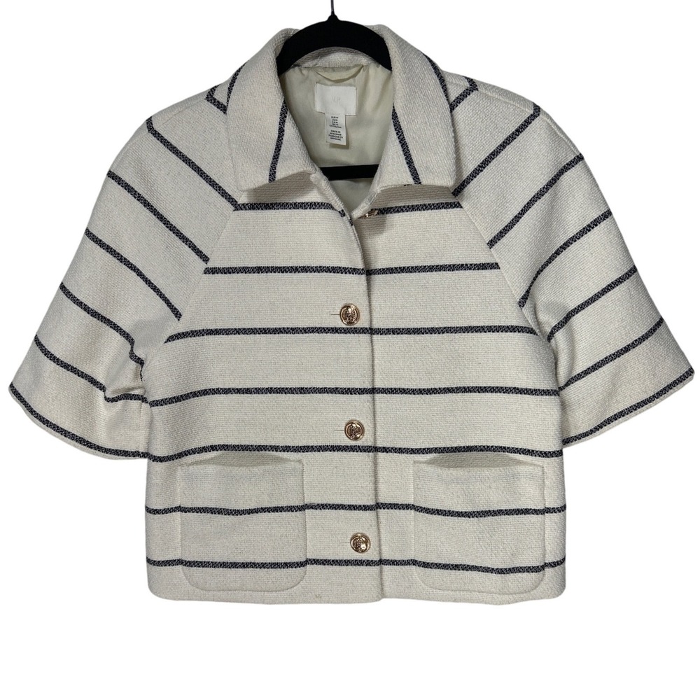 H&M Striped Short Sleeve Textured Jacket Ivory‎ Gold Crest Button Size M EUC